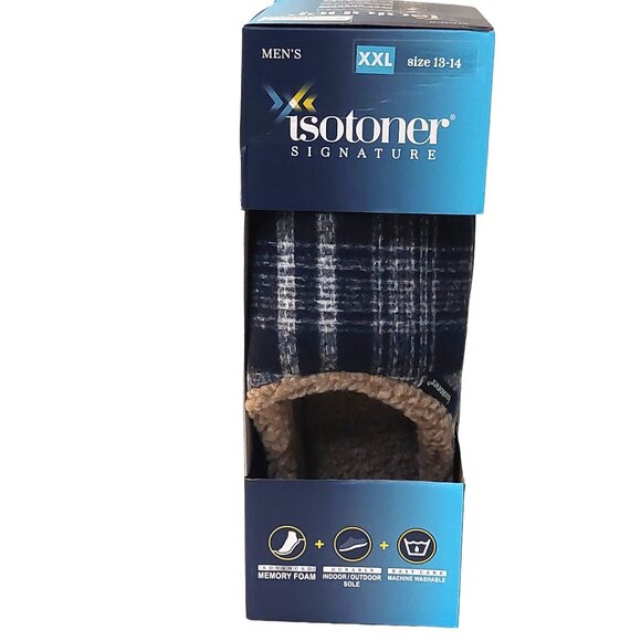 Isotoner Signature Men's Blue Plaid Memory Foam Indoor/Outdoor Slippers Sz 13 - Picture 1 of 8